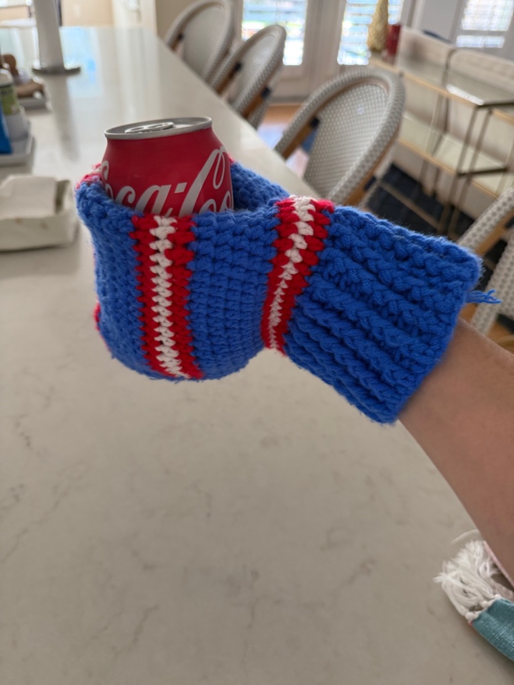 Bright Blue Knit Can Cozy with Red & White Stripe Accents